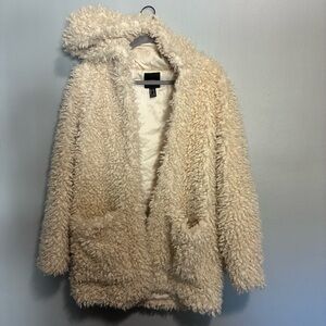 Forever 21 Women's Cream Faux Fur Sheep Hooded Jacket Women’s Size M